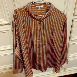 Brown, black, white striped blouse.